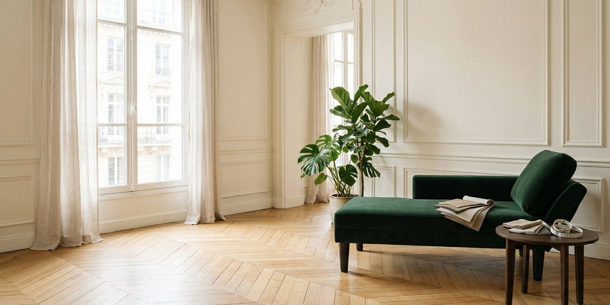 Méridienne en velours vert dans un salon parisien lumineux, avec échantillons de tissu et mètre ruban