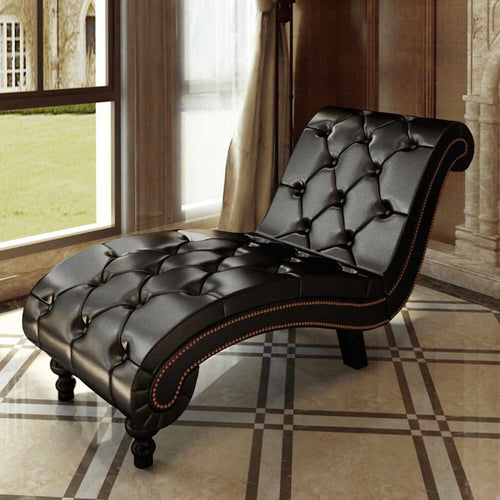 Méridienne chesterfield en S, effet cuir marron - Eugénie, mise en situation dans un salon