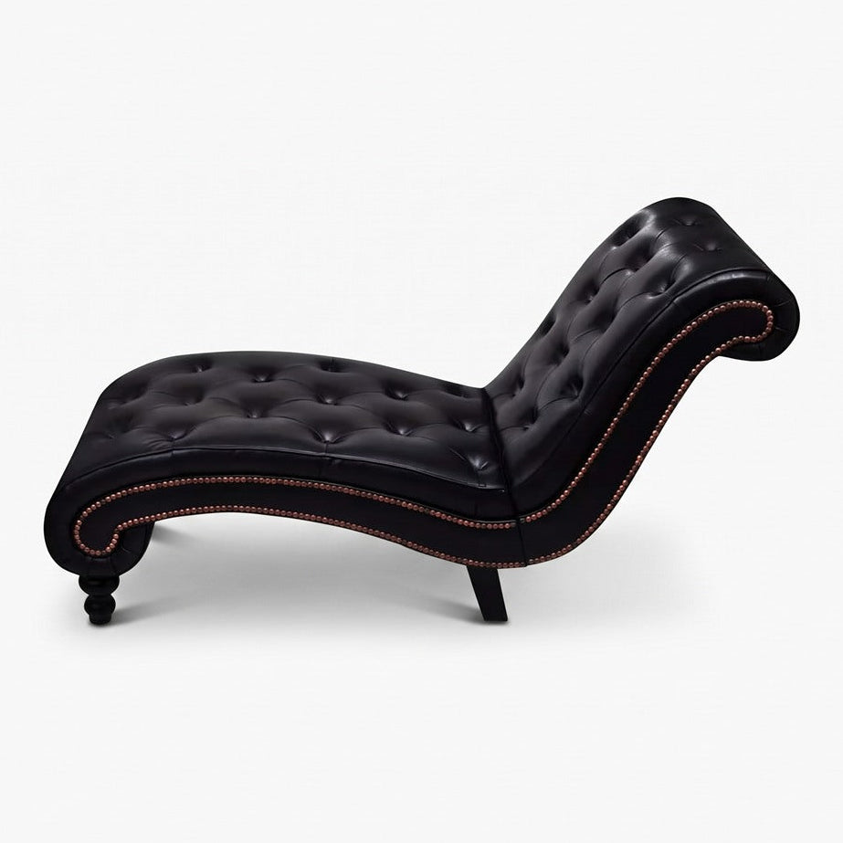 Méridienne chesterfield en S, effet cuir marron - Eugénie, vue de trois quarts